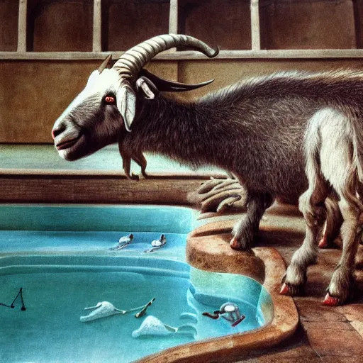 Prompt: wide angle of a nightmare goat in a swimming pool, highly detail, ultra realistic, art by hr giger, 4 k