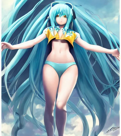 Prompt: Anime art of beautiful Hatsune miku with beautifel legs by artgerm, rossdraws, magali villeneuve, Greg Rutkowski, Gil Elvgren, Lois van baarle , Alberto Vargas, Earl Moran,, Art Frahm, Enoch Bolles