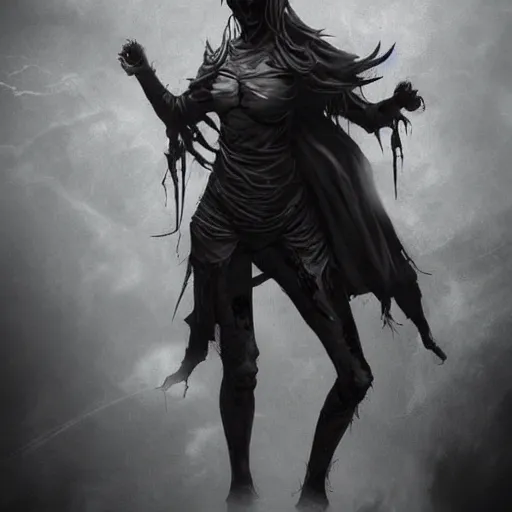 Image similar to female wraith, undead, dynamic pose, skull, terrifying, dark, fog, artstation