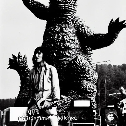 Image similar to Godzilla playing with The Who, on stage at Woodstock, photo