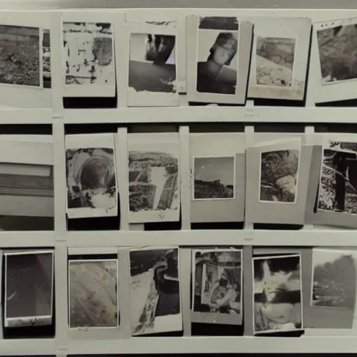Prompt: a stack of polaroid photos on a desk, found at an abandoned nuclear power plant, mystery, terrifying, chilling