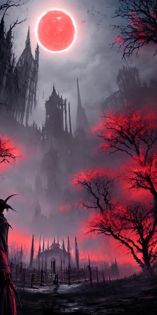 Image similar to abandoned bloodborne old valley with a obscure person at the centre and a ruined gothic city in the background, trees and stars in the background, falling red petals, epic red - orange moonlight, perfect lightning, wallpaper illustration by niko delort and kentaro miura, 4 k, ultra realistic