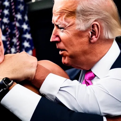 Prompt: photo of joe biden grabbing donald trump in a choke hold. the fbi can be seen behind them. there are people celebrating.