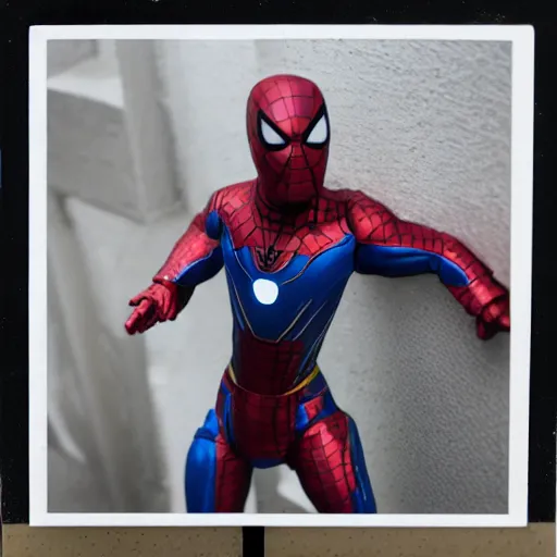 Prompt: a single iron man and spider - man hybrid, dslr, polaroid