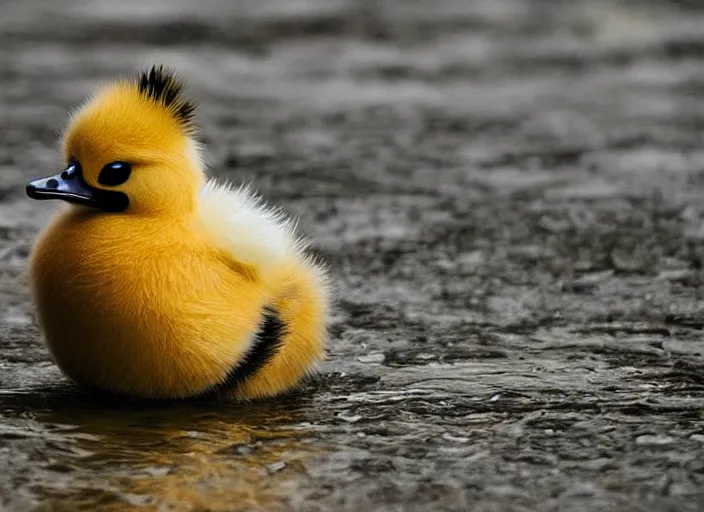 Image similar to real life pokemon psyduck, adorable, wet, ultra realistic, sharp beak, near a river, golden hour, sharp focus