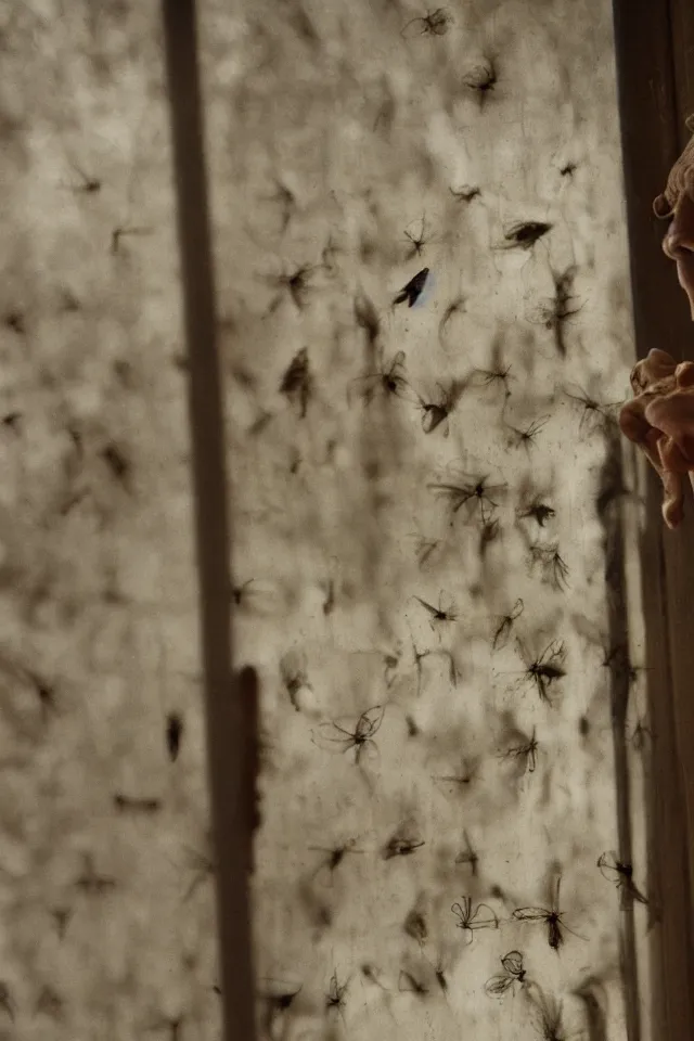 Prompt: insane priest staring at flies on a window, film still from a horror movie, 4k