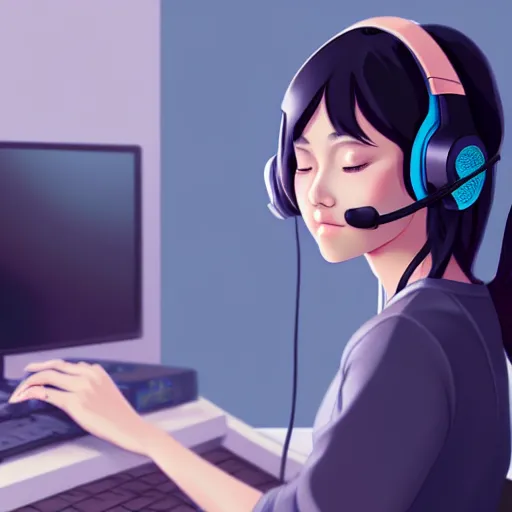 Prompt: beautiful young asian woman with long hair, with gaming headset, cute, playing on a comuter, realistic, detailed, cel shaded, in the style of makoto shinkai and greg rutkowski and james gurney