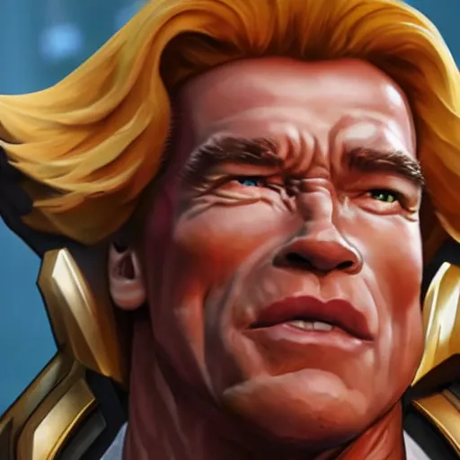 Prompt: a screenshot of arnold schwarzenegger as mercy in overwatch