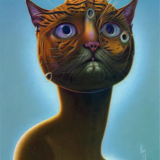 Image similar to a cat having an ego trip, by alex grey, by Esao Andrews and Karol Bak and Zdzislaw Beksinski and Zdzisław Beksiński, trending on ArtStation