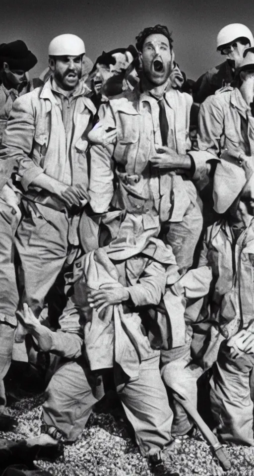 Image similar to charlie day, rob mcelhenney, glenn howerton, kaitlin olson, and danny devito are storming the beaches of normandy, 1 9 4 5, black and white, horrorscape