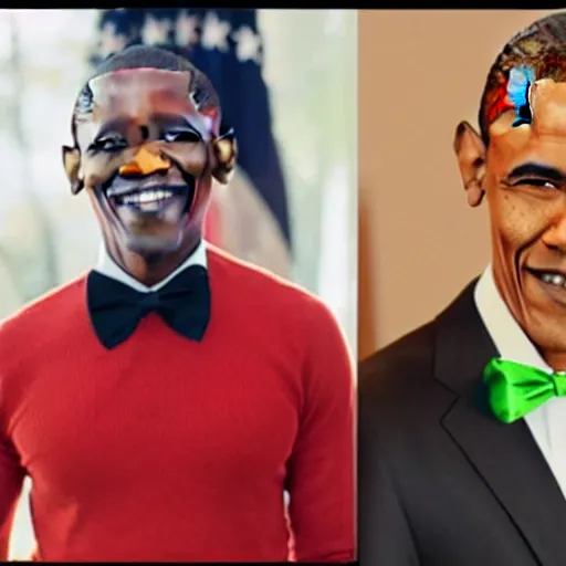 Prompt: realistic photo of casual obama with red hair wearing a black sweater and a green bow tie, still from riverdale