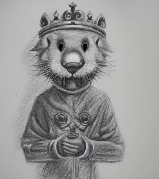 Image similar to master furry artist pastel pencil drawing full body portrait character study of the anthro male anthropomorphic otter fursona animal person wearing crown and cape royal western king regal intricate ornate