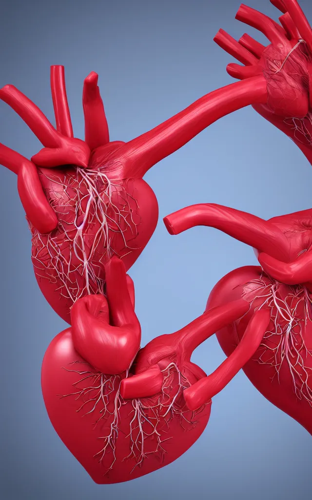 Image similar to intricated scientific medical 3d animation of the muscles and veins of a crushed big arterie with a heart in their hands photography 3d octane plastic render greenchromakey