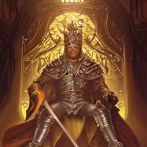 Image similar to painting of an old powerful medieval king driven mad, sitting in his throne room all alone, highly detailed, digital painting, artstation, concept art, tarot card, symmetry, dark fantasy, sharp focus, illustration, art by Joe Madureira and Artgerm and Greg Rutkowski and Alphonse Mucha