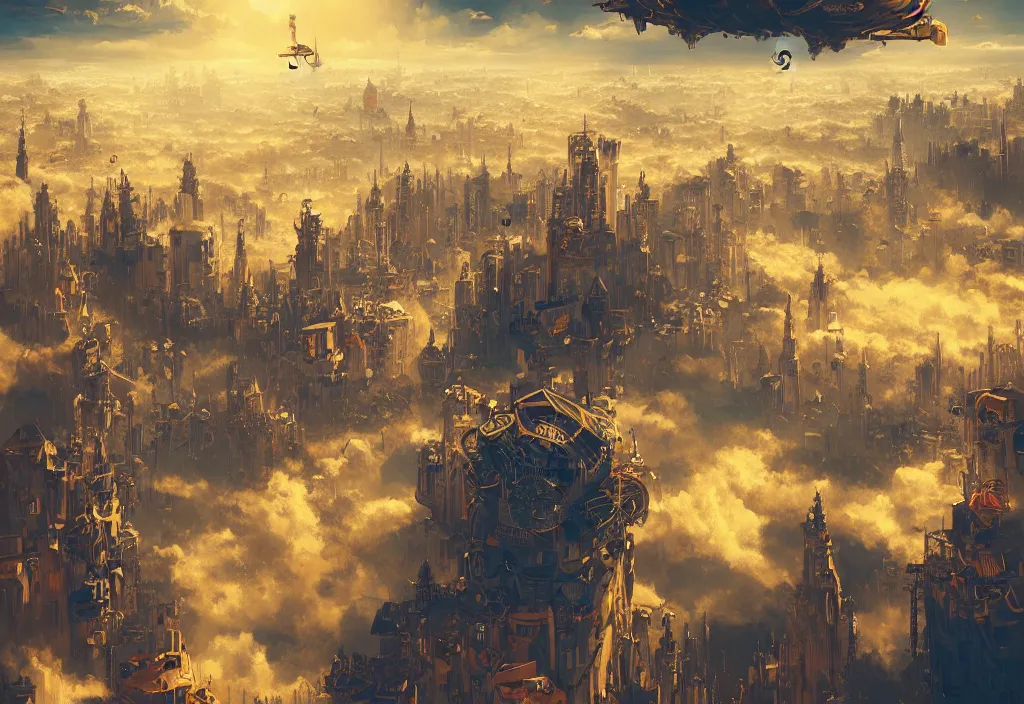 Image similar to flying steampunk city in the clouds by alena aenami, city in the sky, digital art, 4 k, trending on artstation, impressive, epic composition, highly detailed, golden hour, no ground