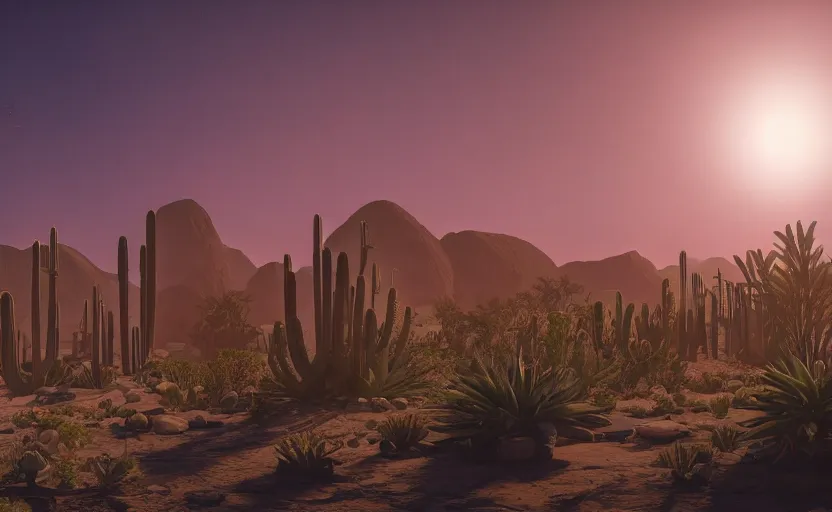 Image similar to a beautiful render of a sci - fi scientific industrial facility localized in a desert cave, cacti, patches of yellowish - red - magenta sky, sunset lighting, detailed, hazy, dry, volumetric lighting, god rays, 8 k, photorealistic, raytracing effects, rtx on
