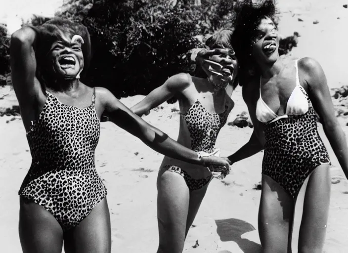 Prompt: polaroid eartha kitt in a leopard swimsuit and marsha p johnson in a pink swimsuit laughing together on a beach