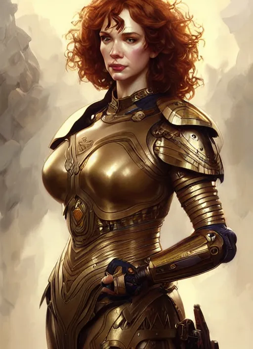 Image similar to valkyrie christina hendricks, beautiful face, highly detailed face!!!, anatomical armour, true anatomy!, extremely detailed!, digital painting, unreal engine 5, art by artgerm and greg rutkowski and alphonse mucha