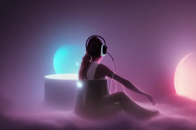 Image similar to a cute girl wearing headphones sitting on a cloud relaxing, misty, glows, digital art, hazy, foggy, ambient lighting, 8 k, neon, synthwave,