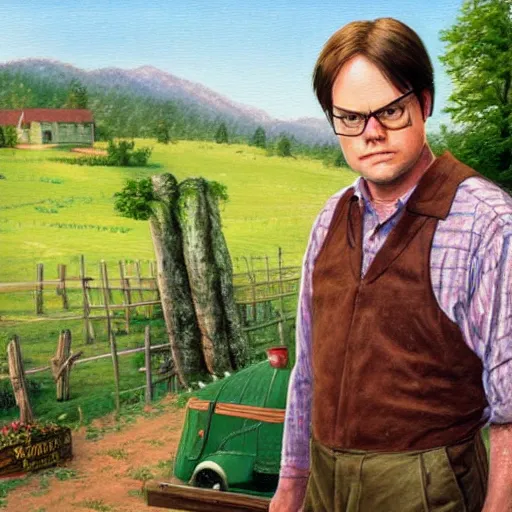 Prompt: Dwight Schrute on a farm, painting by Thomas Kinkade