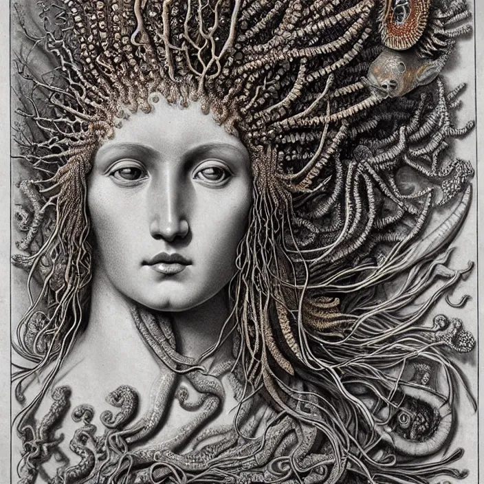 Prompt: realistic detailed face portrait of the goddess of the deep waters with an intricate headdress of corals, sea kelp, sea plants, fish, jellyfish, art by ernst haeckel, archimboldo, face in focus, neo - gothic, gothic,