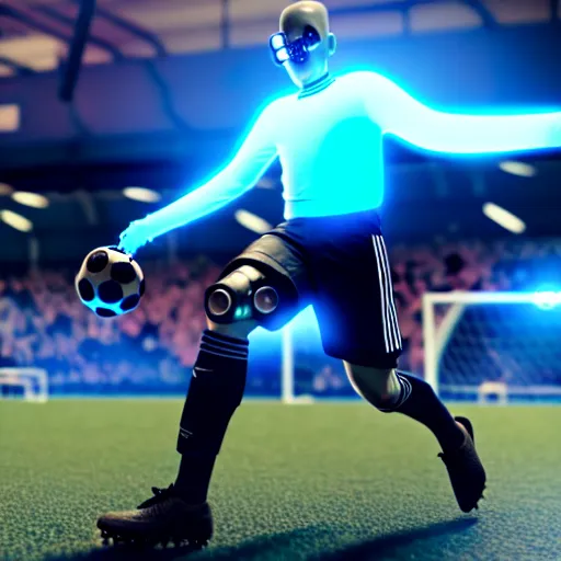 Image similar to a cyberpunk cyborg kicking a soccer ball in a soccer game, hyperrealistic, unreal engine, 4 k, 3 d