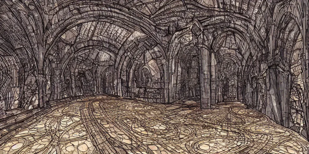 Image similar to fantasy demon walk through a monumental extremely large hall, long shot, digital art