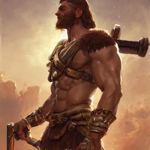 Prompt: handsome portrait of a spartan guy bodybuilder posing, radiant light, caustics, war hero, breath of the wild, by gaston bussiere, bayard wu, greg rutkowski, giger, maxim verehin