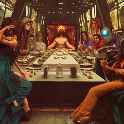 Prompt: the last supper, cyberpunk style, highly detailed, digital painting, cinematic, hyper realism, dark retrowave, art by stanley lau and artgerm and magali villeneuve and alphonse mucha, artstation, octane render, cgsociety