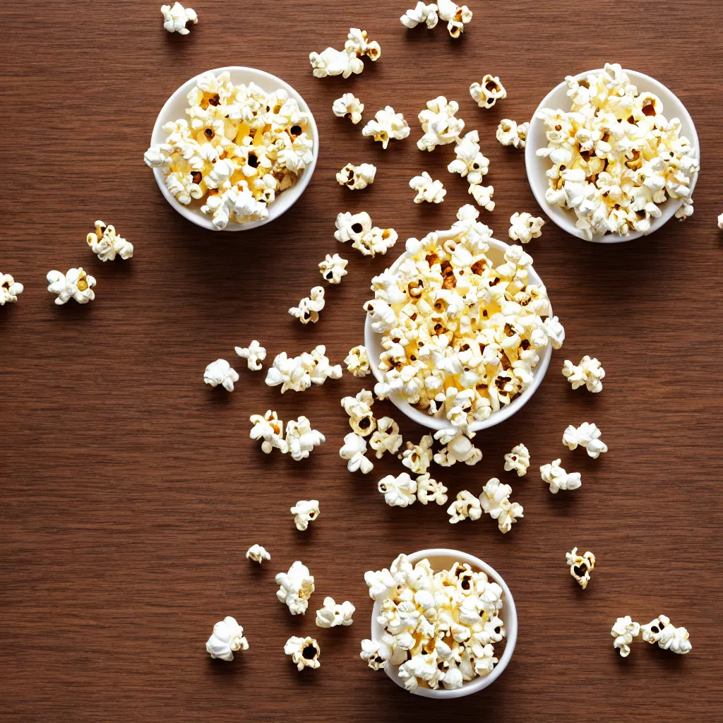 Prompt: top down view with popcorn on top of a wooden table, wallpaper, 4k, photorealistic