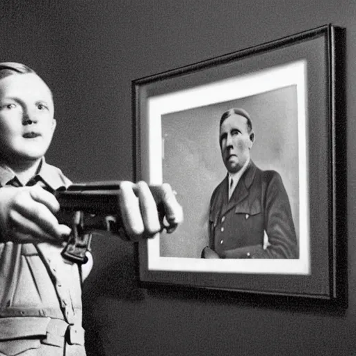 Image similar to blacka nd white old photograph of a farm boy holding a gun pointing at adolf hitler realism, 4 k, award winning photograph