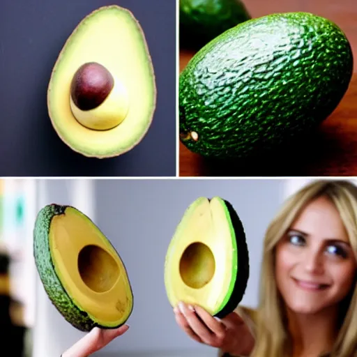 Image similar to cut in half avocado with emma watsons head as the seed