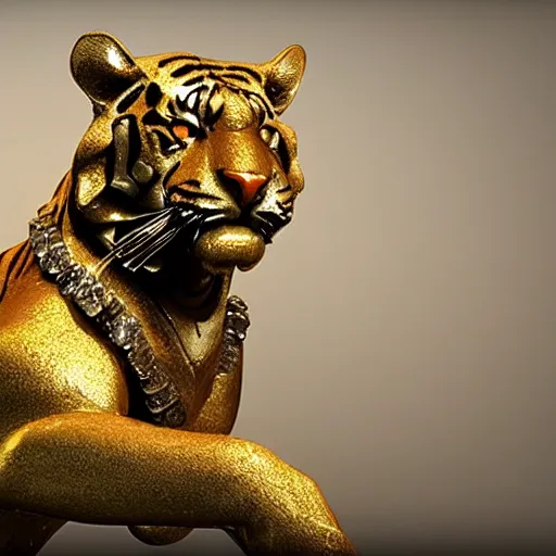 Prompt: an intricate statue of a tiger made of precious metals and stones by the most talented jeweler, unreal engine 5