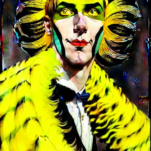 Image similar to art by joshua middleton, the yellow creeper, a tall manically smiling yellow - skinned man with green and black striped cycling shorts and wearing a long red feather boa, yellow makeup, mucha, kandinsky, poster, comic art, stylised design