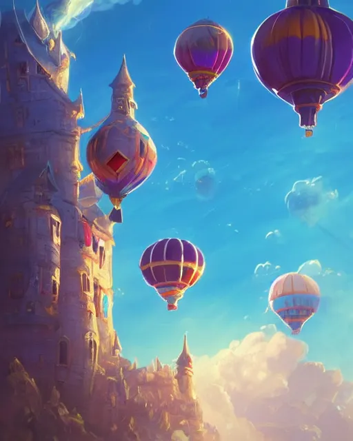 Image similar to flying cloud castle, buildings, baloons, machines, bright, blue sky, mountains, colorful, cinematic lighting, fantasy, high detail, illustration, masterpiece, artstation, 4 k, art by jana schirmer