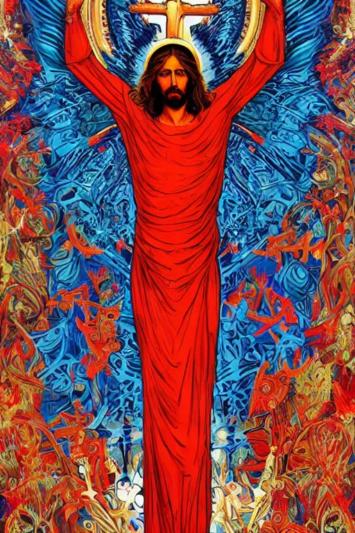 Image similar to blooded jesus christ on mayheim crosses. symmetrical anatomy, very intricate, digital design, perfect details, pop art style, colorful, accompanied by body, pure image without duplication, dribble popular, trending on arstation, drawn by ilya kuvshinov and darbotz and vinicius gud and gustavo zambelli, intricate, ultra high definition.