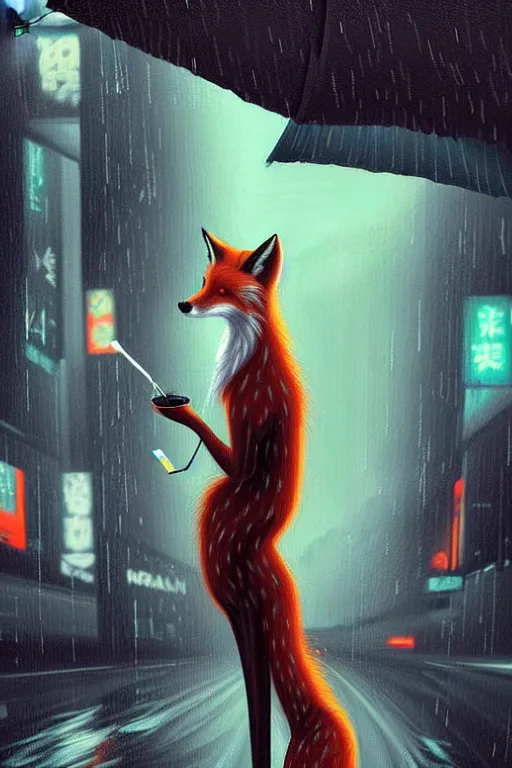 Image similar to beautiful portrait of a tall female anthro fox, smoking a cigarette in the rain, shoulders taller than the crowd, in a wet street of a city, cyberpunk, harsh neon lights, highly detailed, deep shadows, digital painting, shallow depth of field, illustration, art by sakimichan, artgerm