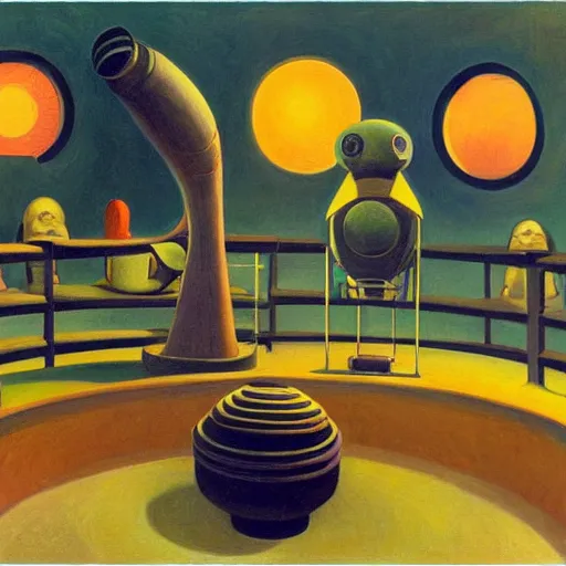 Image similar to three biomorphic robotic seers watchers oracles soothsayers with glowing eyes, inside a dome, pj crook, grant wood, edward hopper, syd mead, chiaroscuro, oil on canvas