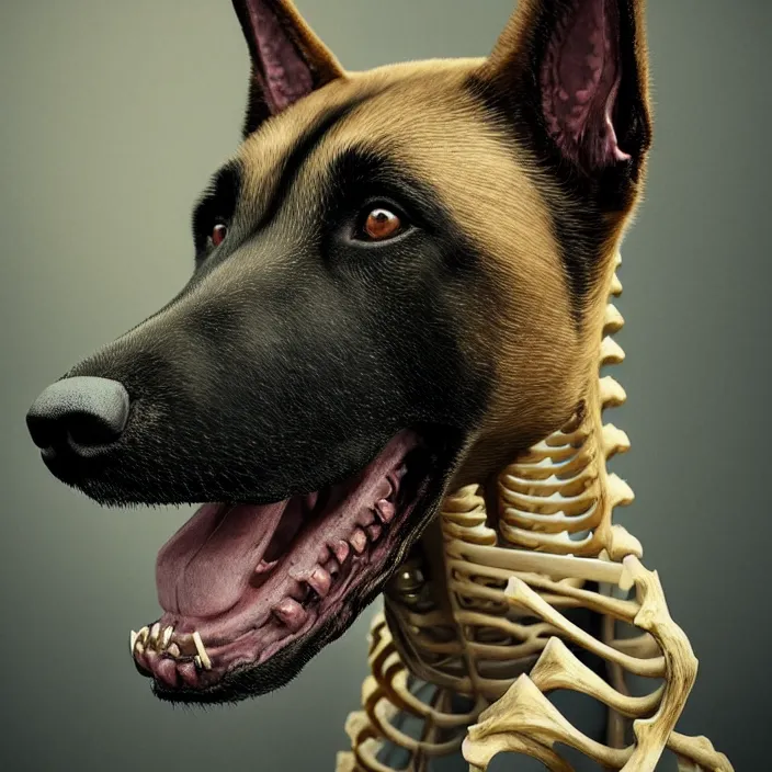 Image similar to portrait of belgian malinois as skeleton. intricate abstract. intricate artwork. by Tooth Wu, wlop, beeple, dan mumford. octane render, trending on artstation, greg rutkowski, very coherent symmetrical artwork. cinematic, hyper realism, high detail, octane render, 8k, iridescent accents, deep blacks