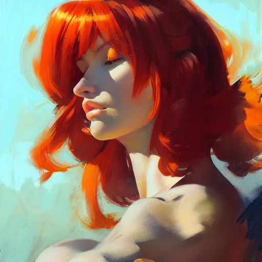 Image similar to greg manchess close up portrait painting of redhead beauty as manga character, medium shot, asymmetrical, profile picture, organic painting, sunny day, matte painting, bold shapes, hard edges, street art, trending on artstation, by huang guangjian and gil elvgren and sachin teng