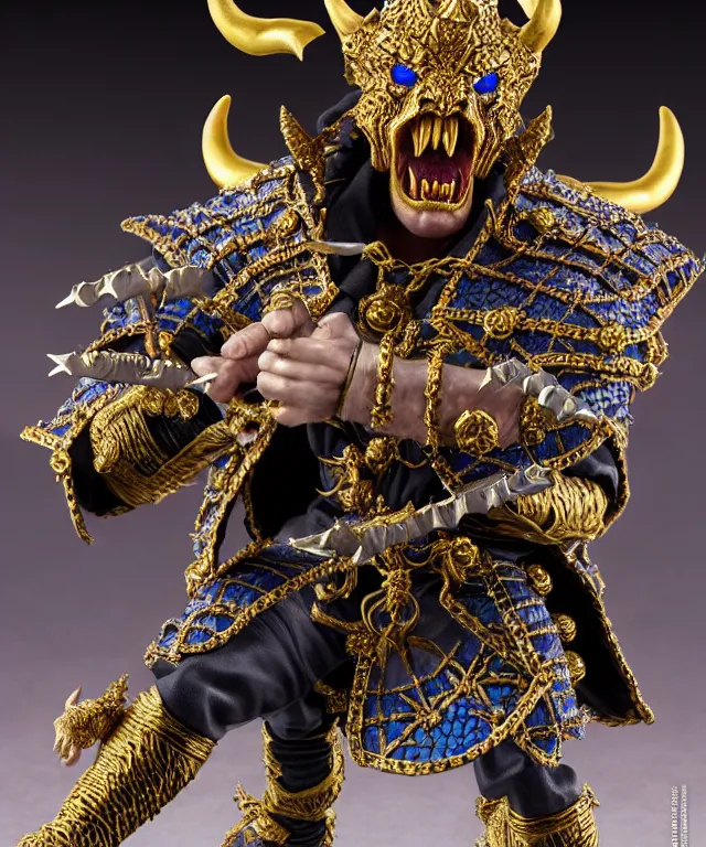 Image similar to hyperrealistic rendering, epic boss fight, ornate king emporer, jewel crown, war armor battle, demon lord, by art of skinner and richard corben, product photography, collectible action figure, sofubi