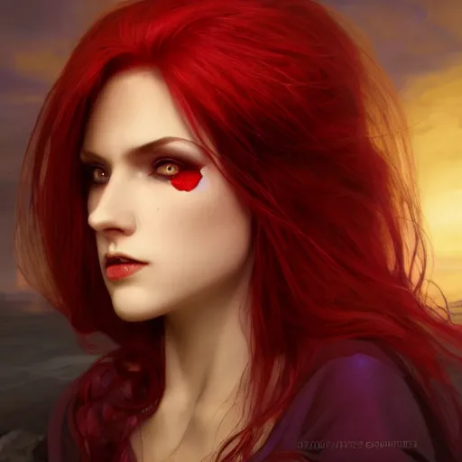 Prompt: redhead vampire sorceress, perfect face viewed in profile, bright glowing purple and red eyes, gold shirt, cinematic, floating ash, stunning, highly detailed, artstation, smooth, hard focus, concept art, art by artgerm and greg rutkowski and alphonse mucha, volumetric lighting, octane render, 4 k resolution, trending on artstation, masterpiece
