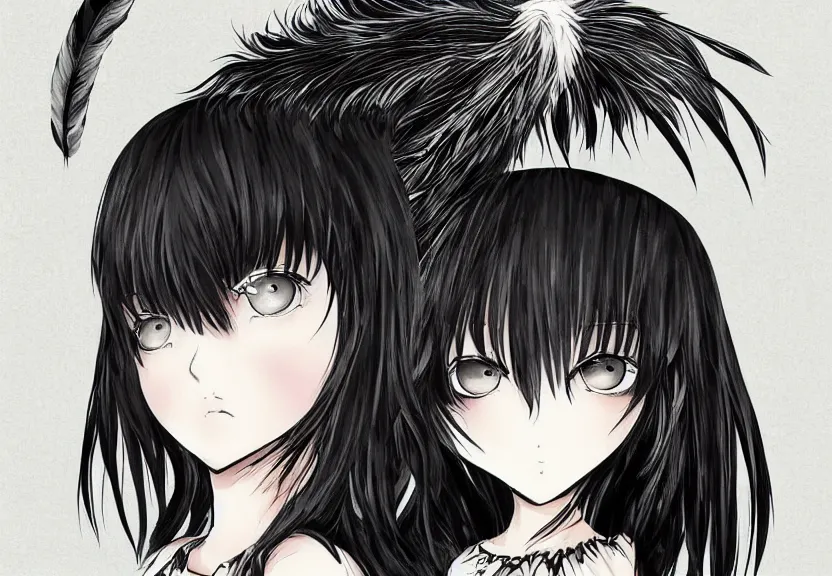 Image similar to little girl with a short black haircut wearing a dress made of black feathers, artwork in the anime style, realistic dark, anatomically perfect