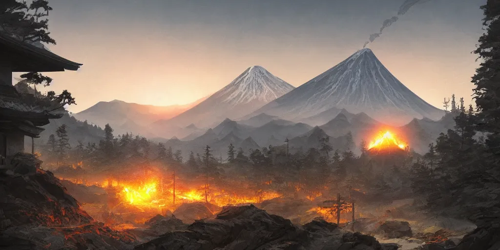 Prompt: a powerful energy overtaken japanese village high in mountains, calm morning, fanart artstation global illumination rtx hdr fanart arstation 3 d, volcano, concept art by greg rutkowski and laurie greasley, forest, fantastic landscape, 8 k, cinematic color grading