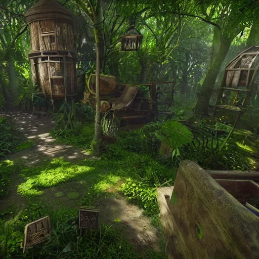 Image similar to beautiful alchemical potion shop in a lush forest, 4k realistic, cryengine