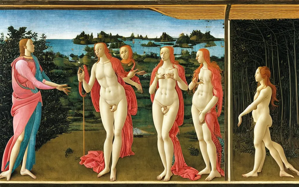 Image similar to sandro botticelli. very soft, delicate light. venus standing at a bus stop arguing with herself.