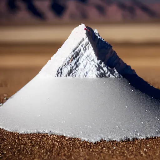 Image similar to mound of salt shaped mount everest, cracked desert background. somber. haunting. 40mm lens, shallow depth of field, split lighting