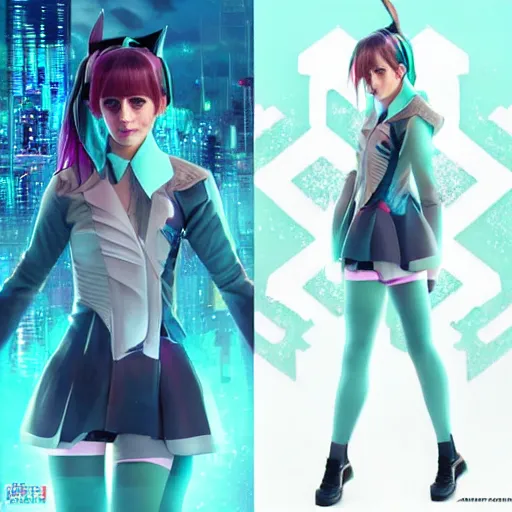 Image similar to emma watson as hatsune miku, she is wearing cyberpunk dress, character portrait. cinematic lightning, art by artgerm and tom bagshaw