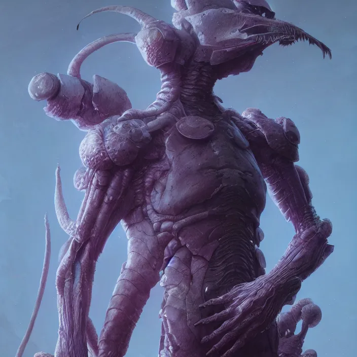 Image similar to a character in a scenic environment by wayne barlowe and nihei tsutomu, close up shot, dreamy hazy, biological armor, highly detailed, 3 d render, vray, octane, realistic lighting