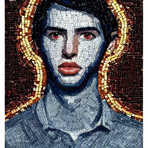 Image similar to artistic portrait of young male with dark hair, mosaic, extremely detailed, trending on Artstation